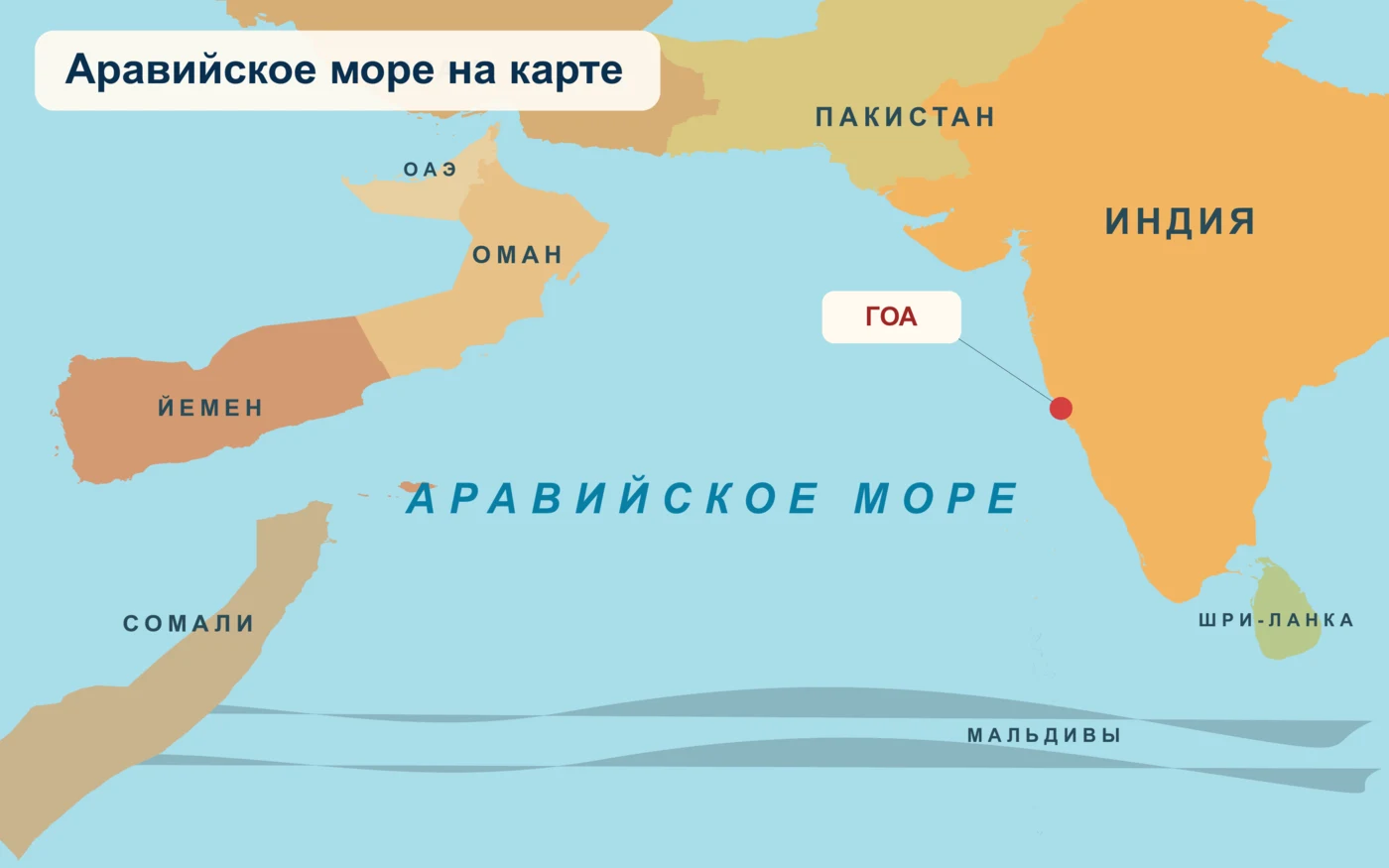 Аравийское море на карте с Индией, Гоа, Оманом, Йеменом и Сомали