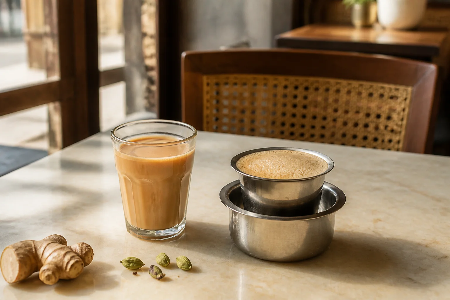 Стакан индийского чая масала и filter coffee в металлической чашке на столе кафе