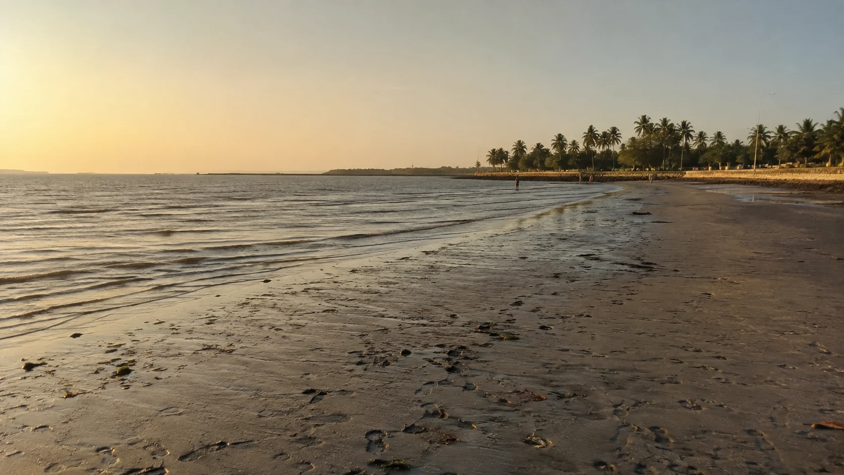 Широкий тёмный берег Jampore Beach в Дамане во время отлива