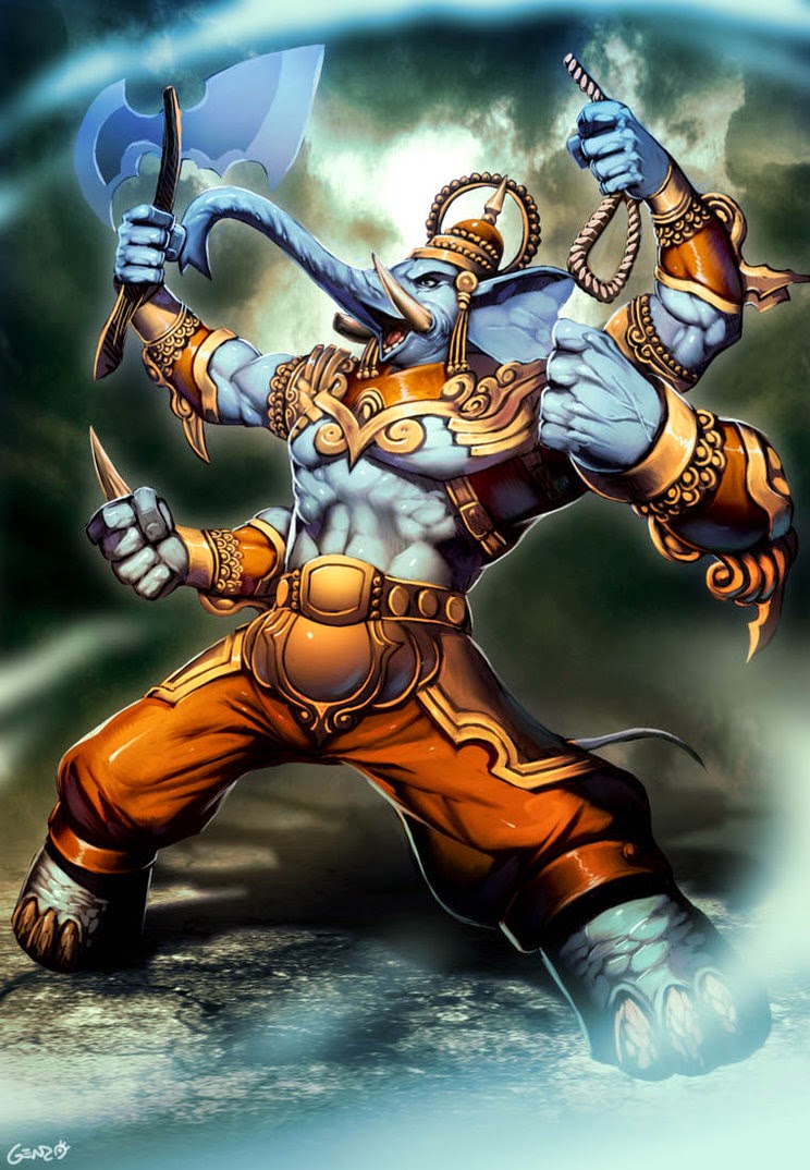 Воинственный образ Ганеши с оружием и защитными мудрами