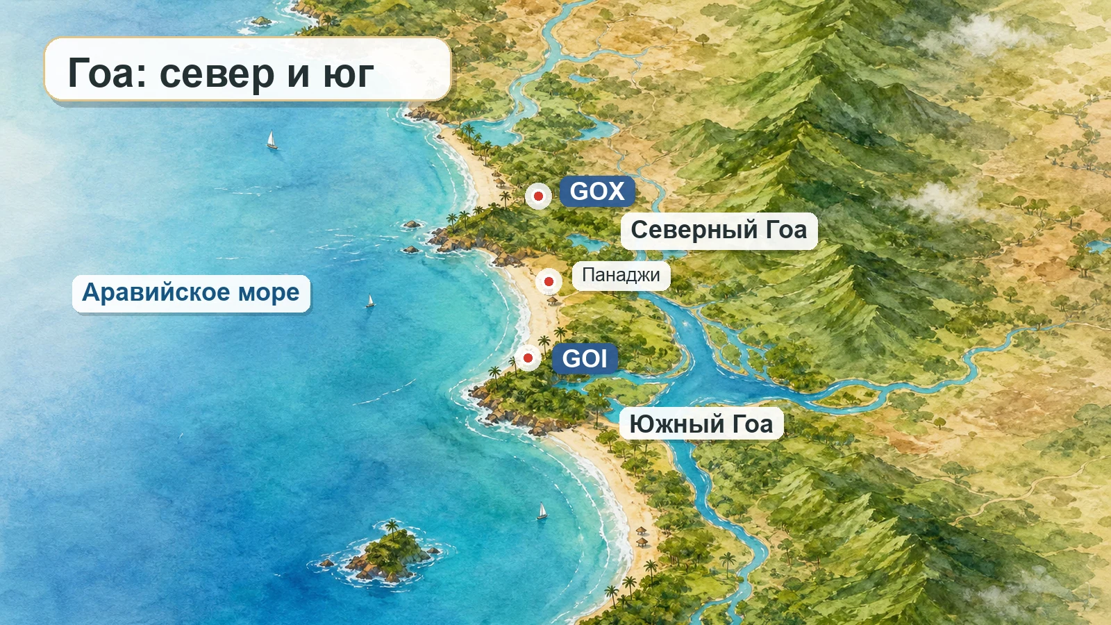 Гоа на карте: северный и южный Гоа, Панаджи и аэропорты