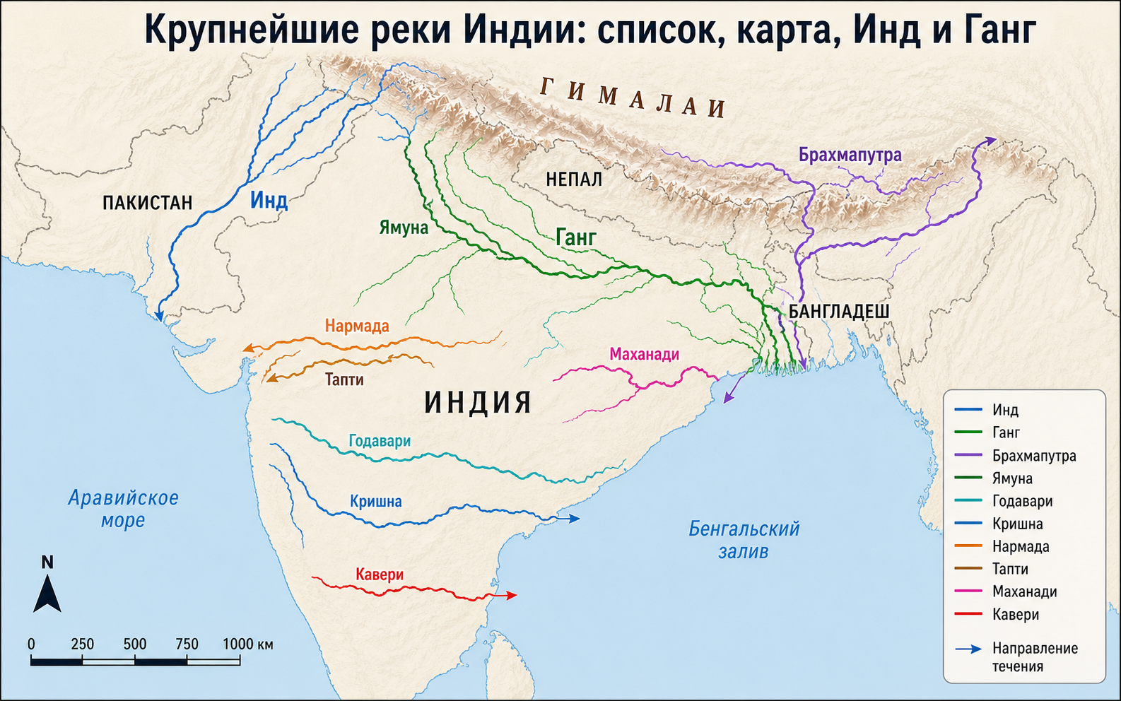 Крупнейшие реки Индии на карте: Ганг, Инд, Брахмапутра, Годавари и другие