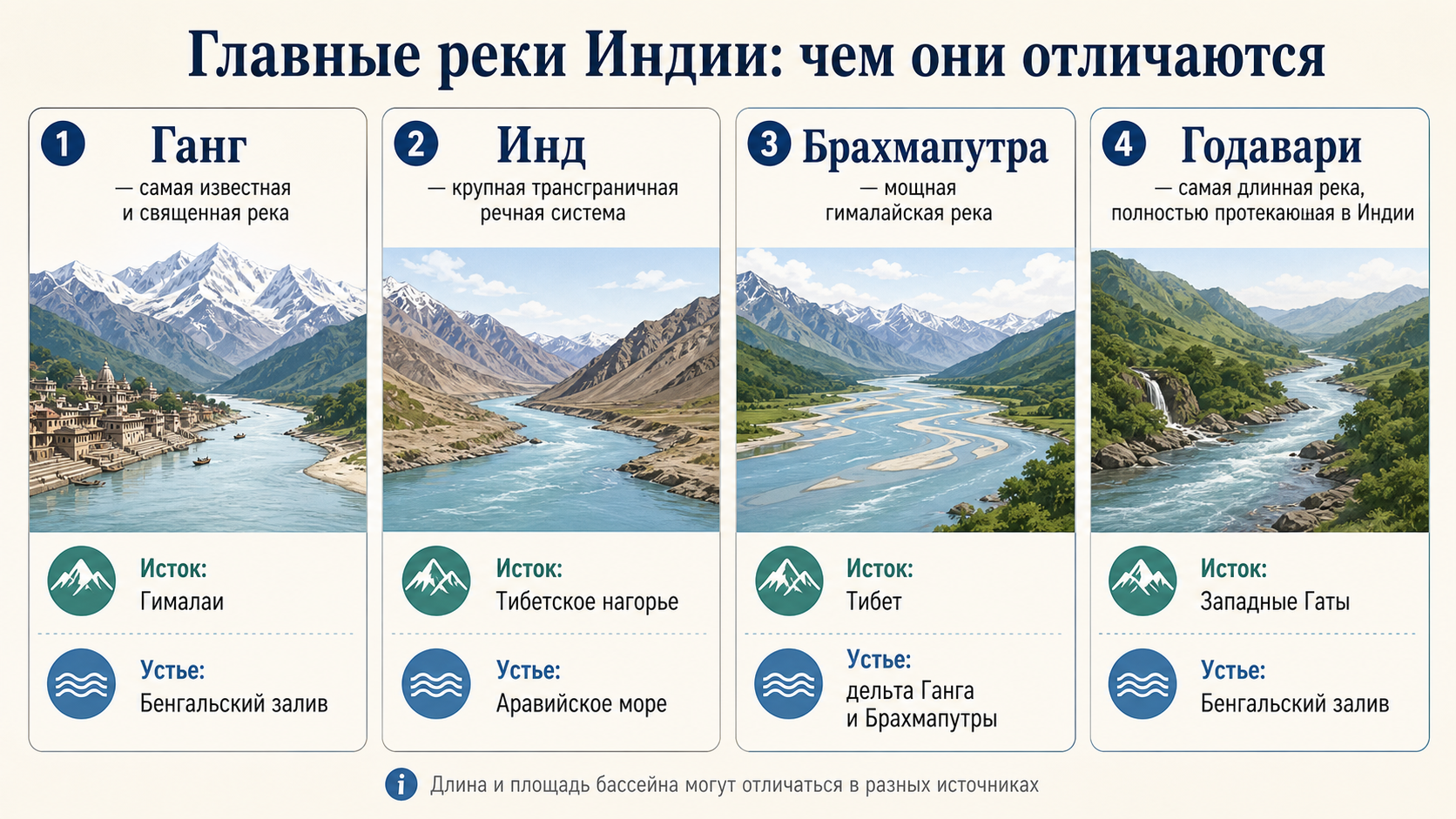 Сравнение главных рек Индии: Ганг, Инд, Брахмапутра и Годавари