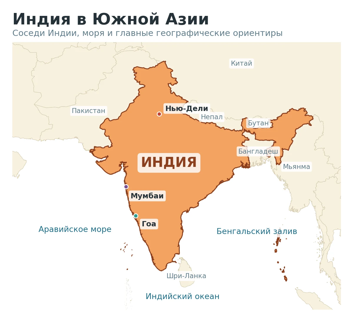 Индия в Южной Азии на карте с соседними странами