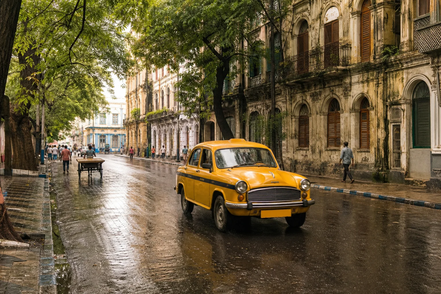 Жёлтое такси на улице с исторической архитектурой Kolkata