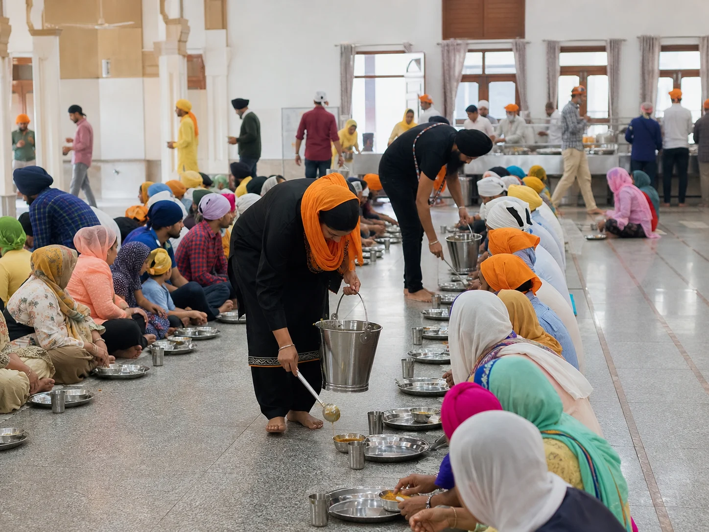 Волонтёры подают вегетарианский langar людям, сидящим в общем зале