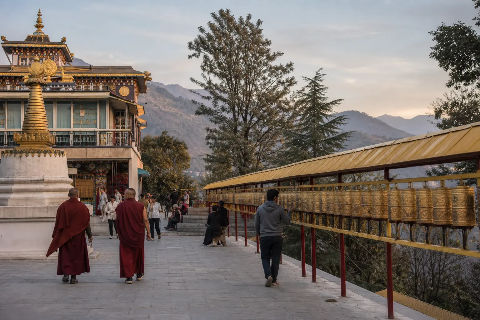 Общественный двор Main Tibetan Temple и молитвенные барабаны в Маклеод-Гандже