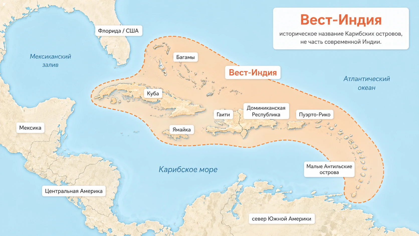 Вест-Индия на карте Карибского бассейна