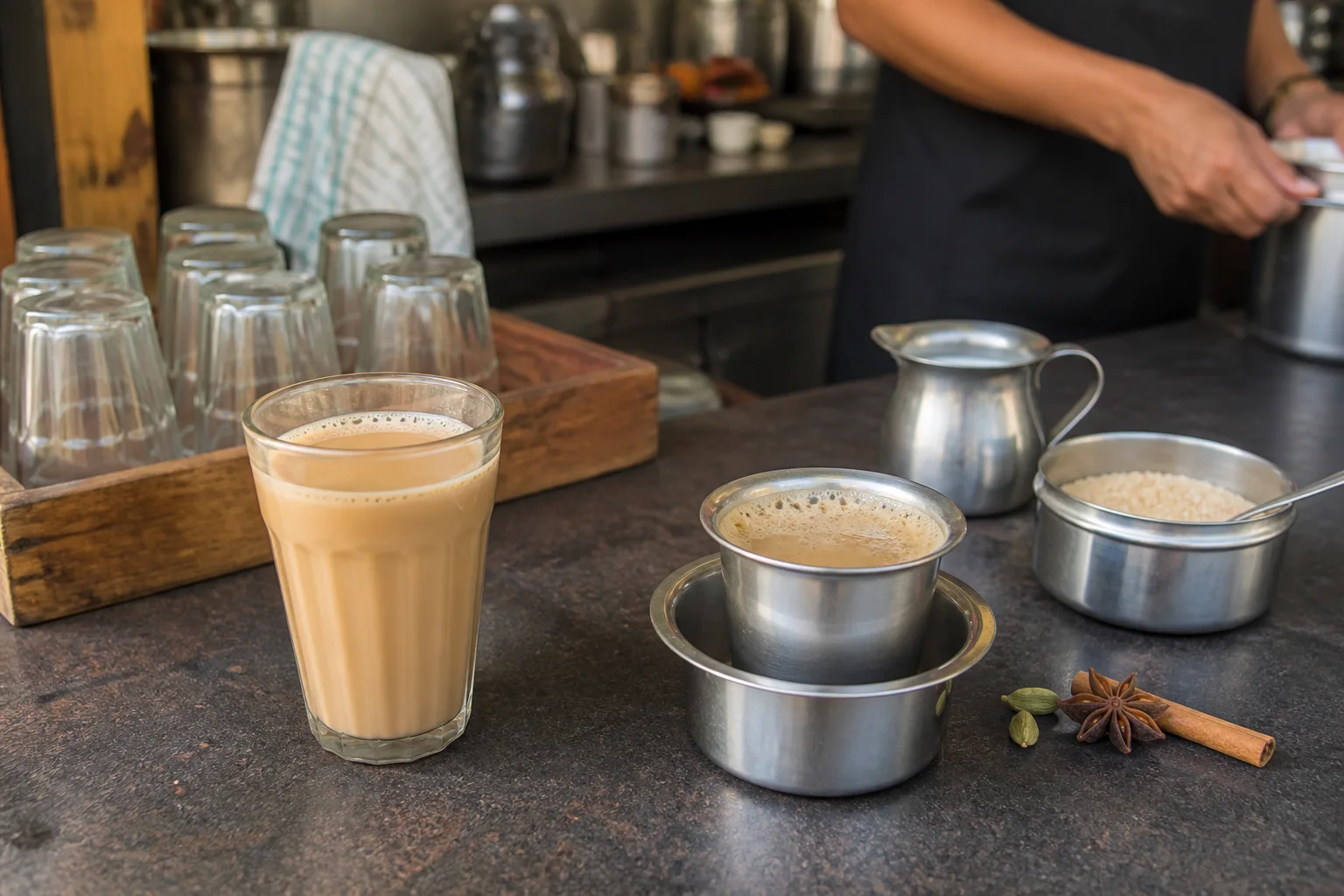 Чай и filter coffee на стойке индийского кафе рядом с молоком, сахаром и специями